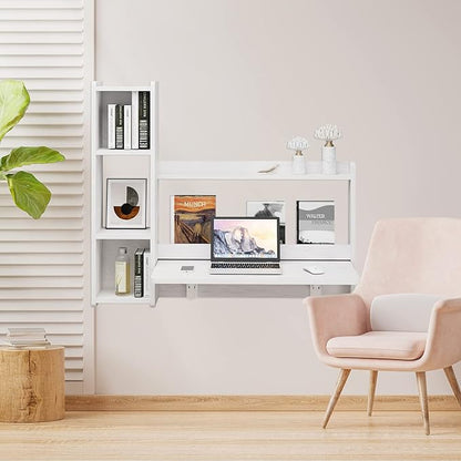 Pmnianhua Floating Desk,41'' Wall Mounted Desk Fold Down Laptop Desk Folding Space Saving Table Workstation with Storage Shelves for Bedroom Study Room Small Space (Off White-Left)