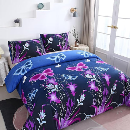 WINLIFE Butterfly Comforter Set Full Size for Girls Purple Blue Black Butterflies Printed Bedding Set for All Season, Soft Breathable & Light Bed Sets