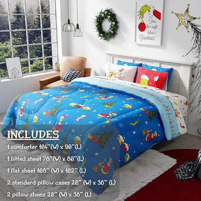 Franco Grinch by Dr. Seuss Holiday & Christmas Bedding Super Soft Comforter and Sheet Set with Sham, 7 Piece King Size (Official Dr. Seuss Product)