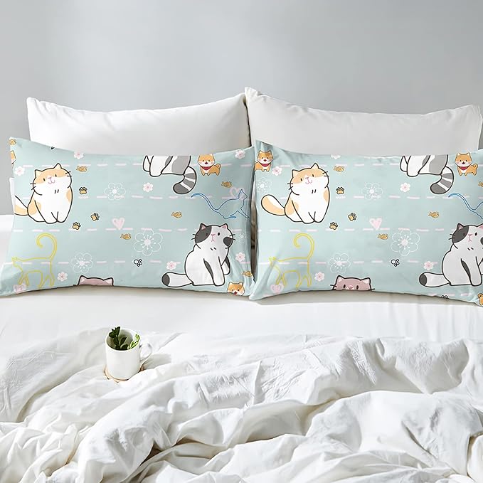 Cat Bedding Set Twin Size, Cartoon Cats Comforter for Girls Kids Teens, Blue Lovely Quilt Animal Pattern Comforter Set Soft Breathable Cute Duvet Set for All Season 2Pcs with Pillowcase