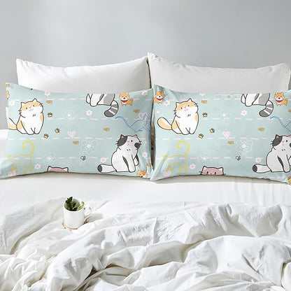Cat Bedding Set Twin Size, Cartoon Cats Comforter for Girls Kids Teens, Blue Lovely Quilt Animal Pattern Comforter Set Soft Breathable Cute Duvet Set for All Season 2Pcs with Pillowcase