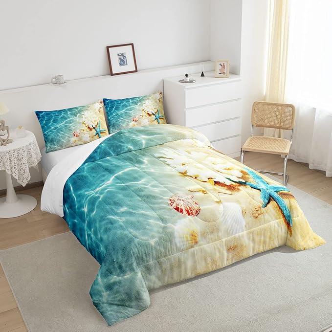 Ocean Comforter Set Twin Beach Bedding Set Coastal Nature Theme Teal Duvet Set Boys Girls Hawaiian Quilt Sets Sea Wave Animals Shell Starfish Reversible Comforter Set 1 Pillowcase, Blue Room Decor