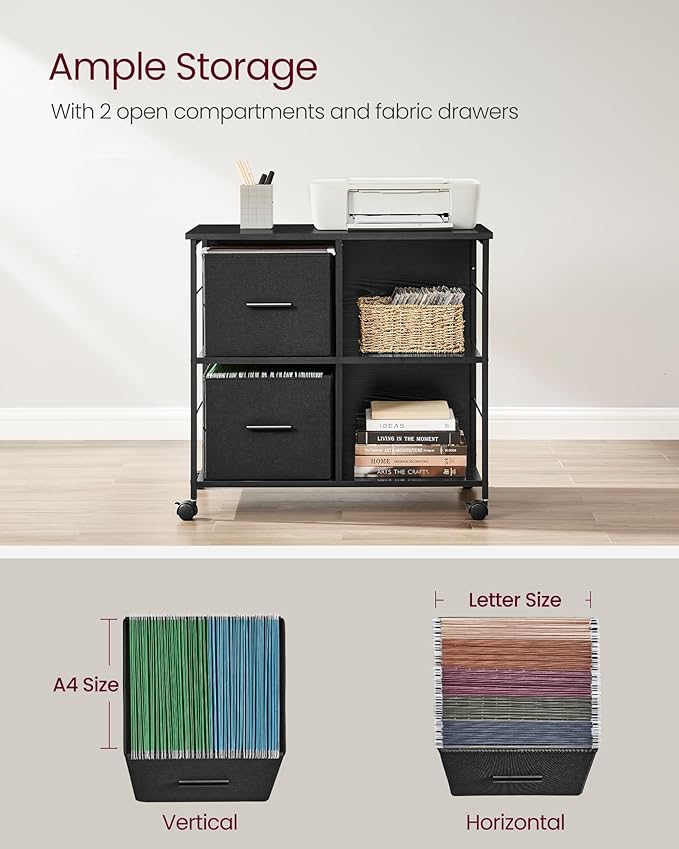 VASAGLE File Cabinet with 2 Drawers, Bookcase, Cube Storage Shelf, Printer Stand, for A4, Letter-Size Files, Hanging File Folders, Home Office, Ebony Black UOFC057B56