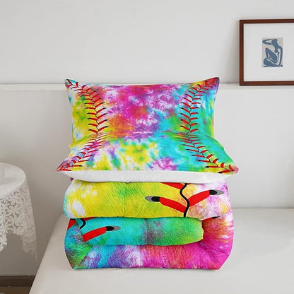 Feelyou Kids Baseball Comforter Boys Girls Softball Sports Game Comforter Set Girly Colorful Tie Dye Bedding Set Teens Men Baseball Gaming Quilt Set Rainbow Room Decor Queen Size for All Season 3Pcs