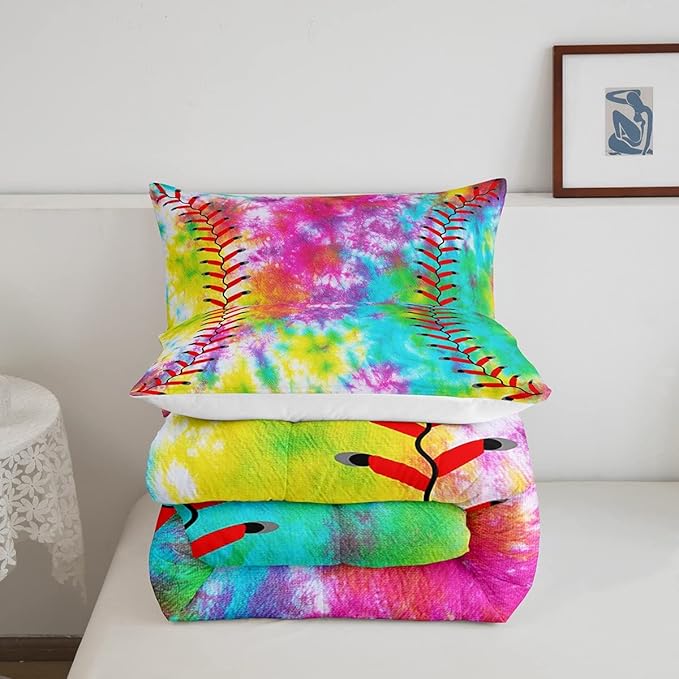 Feelyou Kids Baseball Comforter Boys Girls Softball Sports Game Comforter Set Girly Colorful Tie Dye Bedding Set Teens Men Baseball Gaming Quilt Set Rainbow Room Decor King Size for All Season 3Pcs