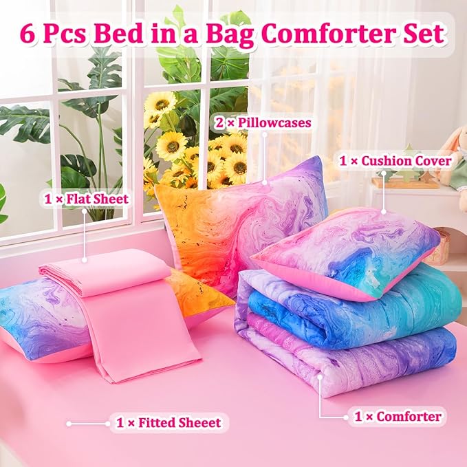 Girls Full Bedding Sets, 6 Pcs Pink Full Szie Comforter Set with Sheets, Watercolor Marble Abstract Art Superior Bedding Set for Girls Kids
