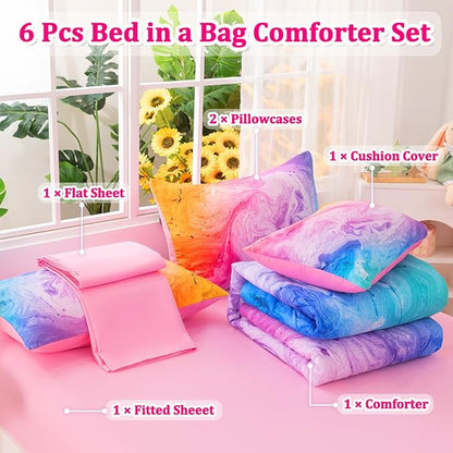 Girls Full Bedding Sets, 6 Pcs Pink Full Szie Comforter Set with Sheets, Watercolor Marble Abstract Art Superior Bedding Set for Girls Kids
