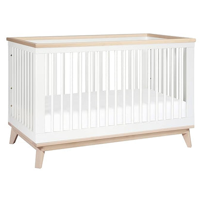 Babyletto Scoot 3-in-1 Convertible Crib with Toddler Bed Conversion Kit in White and Washed Natural, Greenguard Gold Certified