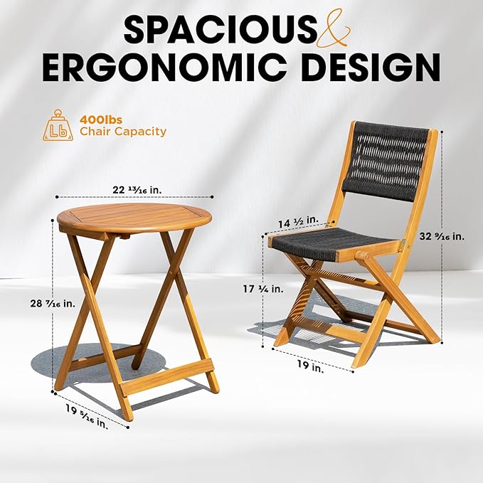 Solid Sauvage Bistro Set with Round Table (Grey), Wood Rope Design - Black