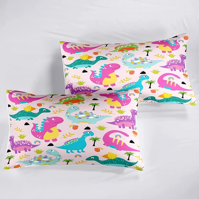 Dinosaur Bedding Full Size, Cute Girls Bedding Dinosaur Comforter Set for Girls Soft Breathable Cartoon Dino Quilt Kids Bedding Set for All Season, 1 Comforter 2 Pillowcase