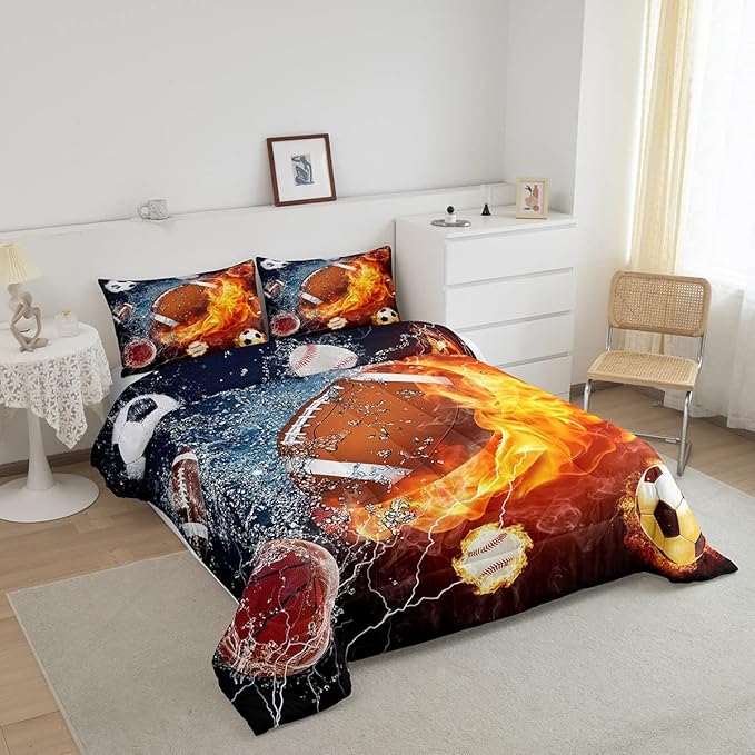 Erosebridal Football Comforter Set Full Rugby Sports Bedding Set for Teen Boys Kids,Soccer Basketball Baseball Comforter Red Blue Water Fire Lightning Quilt Duvet Insert Bedroom Decor 2 Pillow Cases