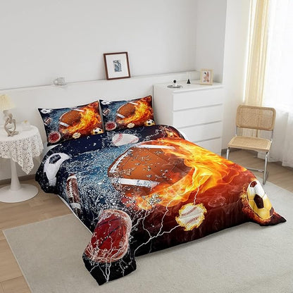 Erosebridal Football Comforter Set King Rugby Sports Bedding Set for Teen Boys Kids,Soccer Basketball Baseball Comforter Red Blue Water Fire Lightning Quilt Duvet Insert Bedroom Decor 2 Pillow Cases