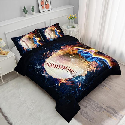 Axolotl 3D Baseball Comforter Set Queen,Sports Bedding,Red Blue Water Fire Comforter Set,Sports Baseball Loveer Bedding Set,Sport Game Comforter for Kids Boys Teens Adults,1 Quilt 2 Pillowcases