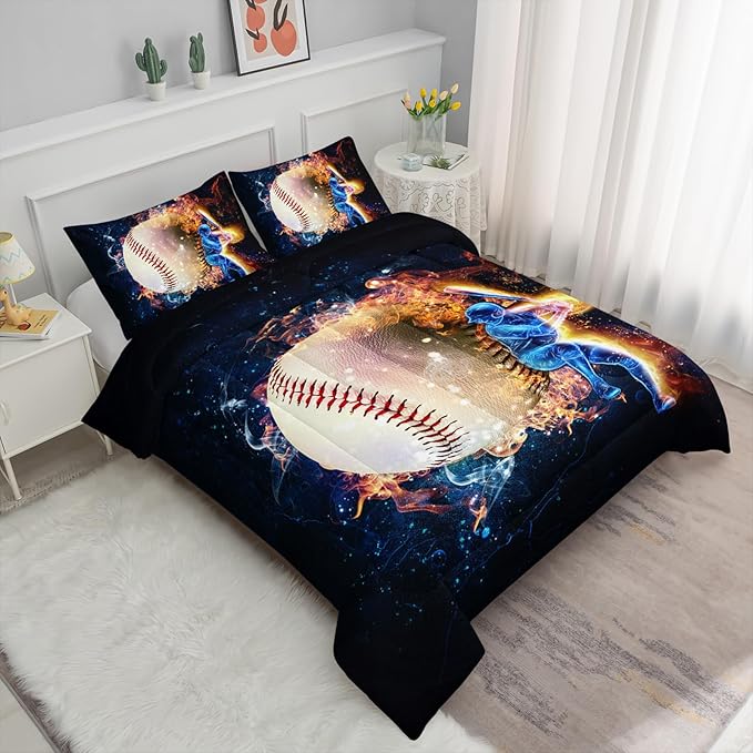 Axolotl 3D Baseball Comforter Set Twin,Sports Bedding,Red Blue Water Fire Comforter Set,Sports Baseball Loveer Bedding Set,Sport Game Comforter for Kids Boys Teens Adults,1 Quilt 2 Pillowcases