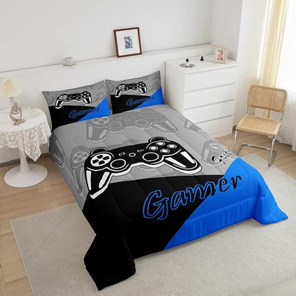 Feelyou Gaming Comforter for Boys Teen Video Game Bedding Set for Kids Gamer Comforter for All Season Gamepad Home Decor for Comforter Set Full Size,1 Comforter with 2 Pillowcases Blue Black Grey