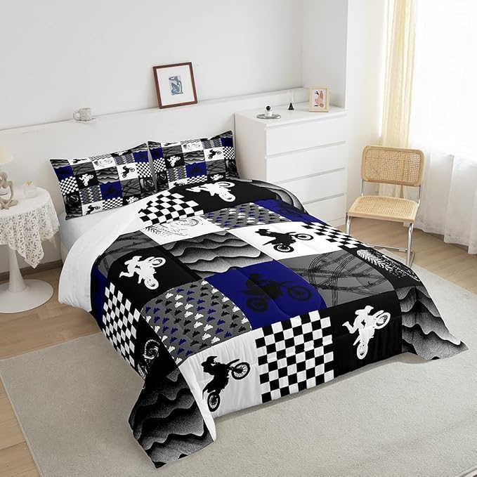 Dirt Bike Comforter Set, Motocross Rider Bedding Comforter Sets King, Motorcycle Grunge Down Comforter for Kids Boys Adult Men, Motorbike Extreme Sport Game Comforter, Buffalo Plaid, Blue Grey Black