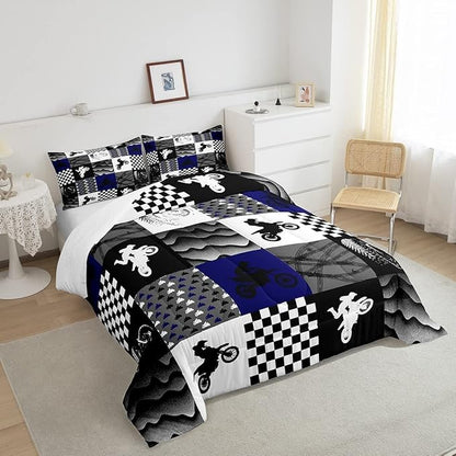 Dirt Bike Comforter Set, Motocross Rider Bedding Comforter Sets King, Motorcycle Grunge Down Comforter for Kids Boys Adult Men, Motorbike Extreme Sport Game Comforter, Buffalo Plaid, Blue Grey Black
