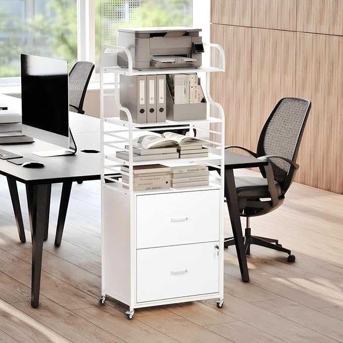 Vertical File Cabinet, 2 Drawer Mobile Filing Cabinet with 3 Bookshelf, Printer Stand with Open Storage Shelves Fits A4/Letter/Legal Size File Cabinets for Home Office Organizer, White