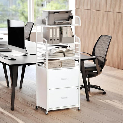 Vertical File Cabinet, 2 Drawer Mobile Filing Cabinet with 3 Bookshelf, Printer Stand with Open Storage Shelves Fits A4/Letter/Legal Size File Cabinets for Home Office Organizer, White