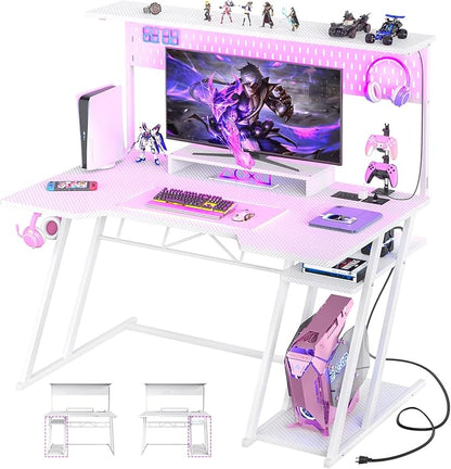 Gaming Computer Desk with Storage Shelves & Z-Shaped Legs, White Gaming Desk with Hutch and LED Lights, Reversible PC Gaming Desk with Pegboard for Bedroom & Small Spaces, Carbon Fiber Surface, 47''