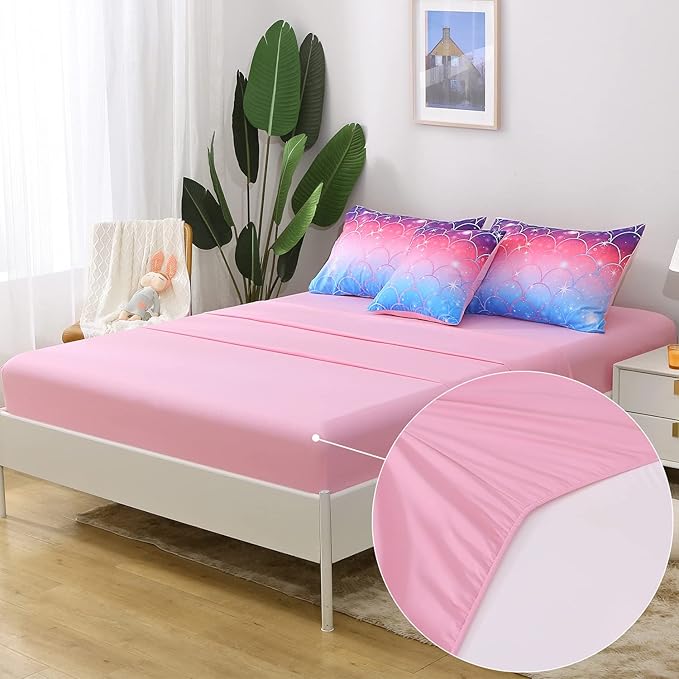 JQinHome Queen Size Mermaid Comforter Set, 6 Piece Bed in A Bag 3D Colorful Bedding Set for Girls kids (1 Comforter,2 Pillowcases,1 Flat Sheet,1 Fitted Sheet,1 Cushion Cover)(Pink Mermaid Scale)