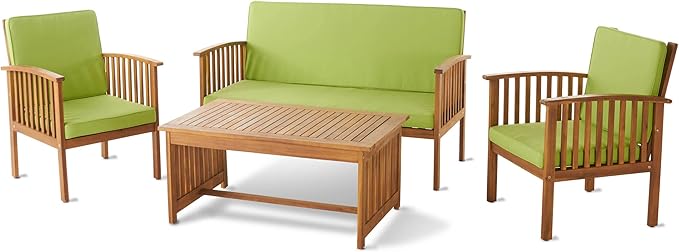 Christopher Knight Home Carolina Outdoor Acacia Wood Sofa Set with Water Resistant Cushions, 4-Pcs Set, Brown Patina / Light Green