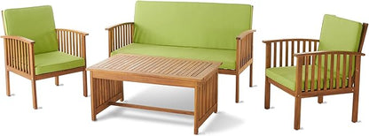 Christopher Knight Home Carolina Outdoor Acacia Wood Sofa Set with Water Resistant Cushions, 4-Pcs Set, Brown Patina / Light Green