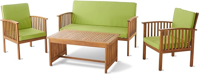 Christopher Knight Home Carolina Outdoor Acacia Wood Sofa Set with Water Resistant Cushions, 4-Pcs Set, Brown Patina / Light Green