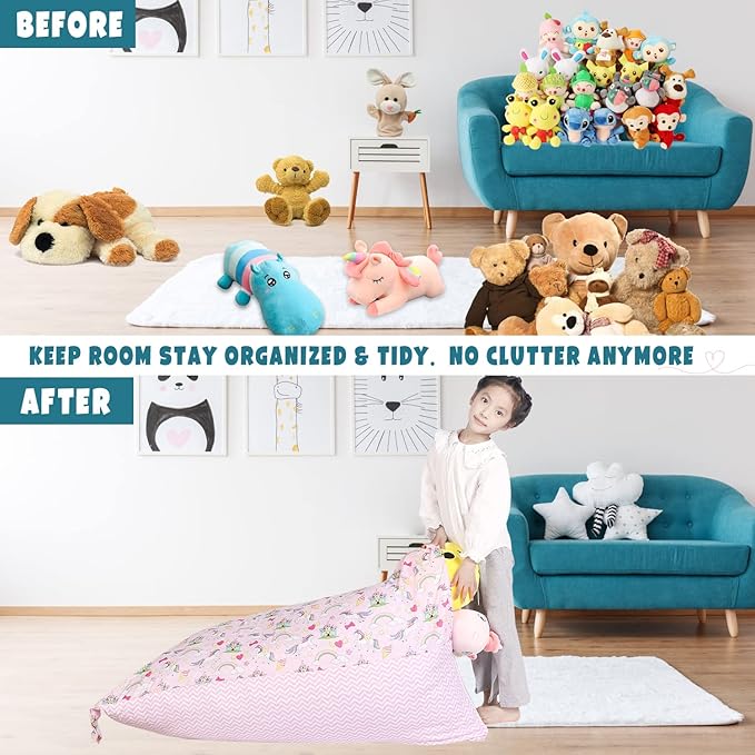 Stuffed Animal Storage Bean Bag Chair Cover, Cotton Pink Unicorn Rainbow Plush Toy Storage Stuff and Sit Seat for Kids/Teens/Adults, 52" x 31" Extra Large Triangle Sofa, 200L/52Gal, Cover Only