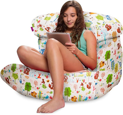 Posh Creations Structured Comfy Bean Bag Chair for Gaming, Reading, and Watching TV, Laguna Lounger, Canvas - Forest Critters on White