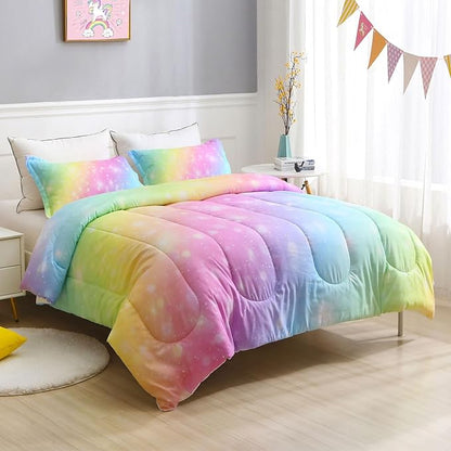 Girls Unicorn Bedding Set 3 Piece Rainbow Comforter Set for Teen Girls Adults with Sparkle Stars Soft Bedding Sets Machine Washable, Multi, Queen