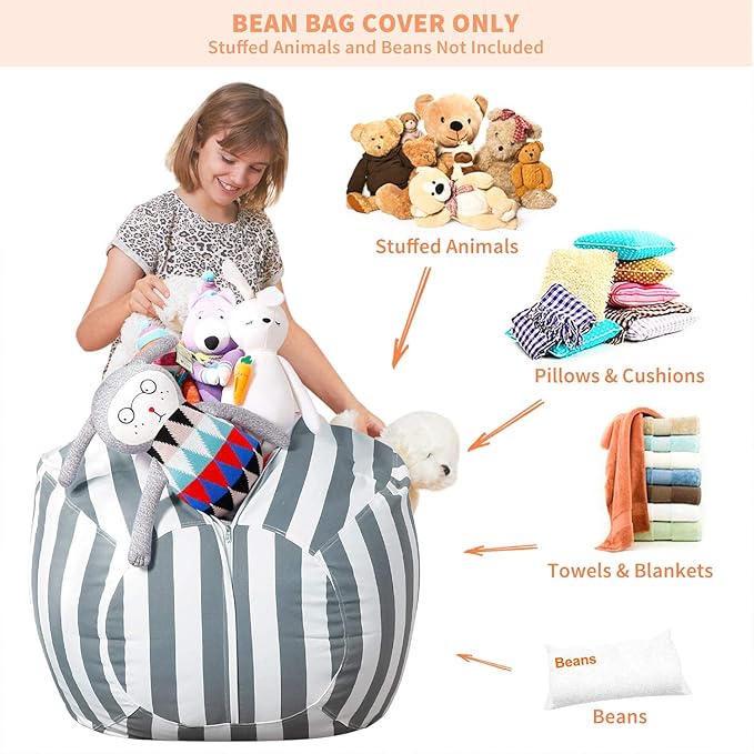 Aubliss Stuffed Animal Bean Bag Storage Chair, Beanbag Covers Only for Organizing Plush Toys, Turns into Bean Bag Seat for Kids When Filled, Medium 32"-Canvas Stripes Grey/White