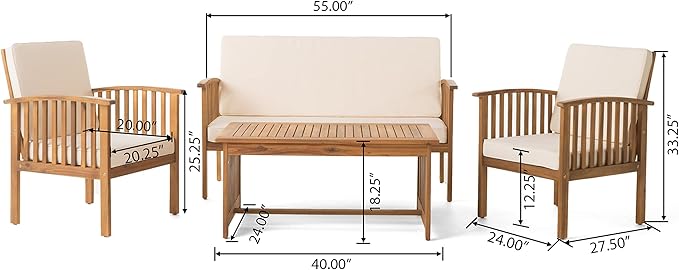Christopher Knight Home Carolina Outdoor Acacia Sofa Set, 4-Pcs Set, Brown Patina + Cream Cushion
