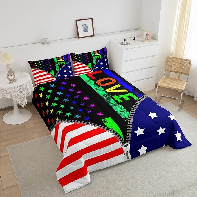 Erosebridal American Flag Bedding Set Rainbow Pride Comforter Set Full Size for Teens Adult Women Bedroom,USA Federations Stars Stripes Down Comforter Kids Unique Zipper Design Bedding Comforters