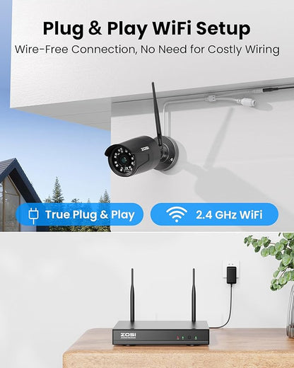 ZOSI Wireless Home Security Camera System Outdoor, 2K 3MP H.265+ 8 Channel CCTV NVR with 1TB HDD for 24/7 Record, 4 x 3MP WiFi IP Camera, Plug-in, Color Night Vision, Spotlight, Remote Access