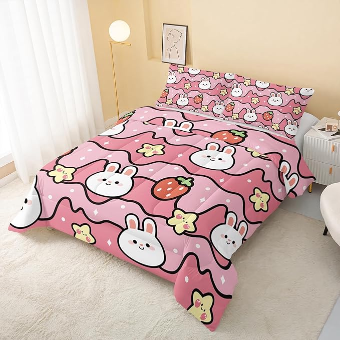 Kawaii Rabbit Comforter,Strawberry Rabbit Comforter Set for Kids Teens Girls,3Pcs Bedding Set Printed Comforter with 2 Pillowcases,Down Alternative,Soft and Lightweight(Pink，Full Size)