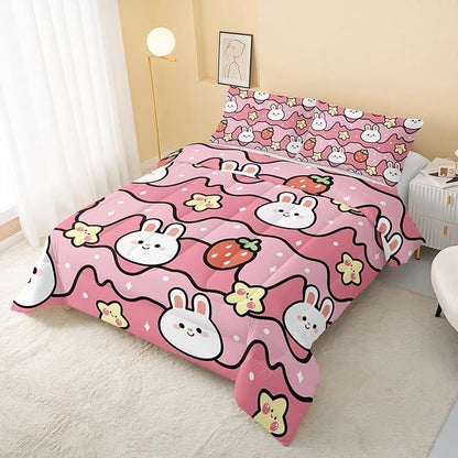 Kawaii Rabbit Comforter,Strawberry Rabbit Comforter Set for Kids Teens Girls,3Pcs Bedding Set Printed Comforter with 2 Pillowcases,Down Alternative,Soft and Lightweight(Pink，King Size)