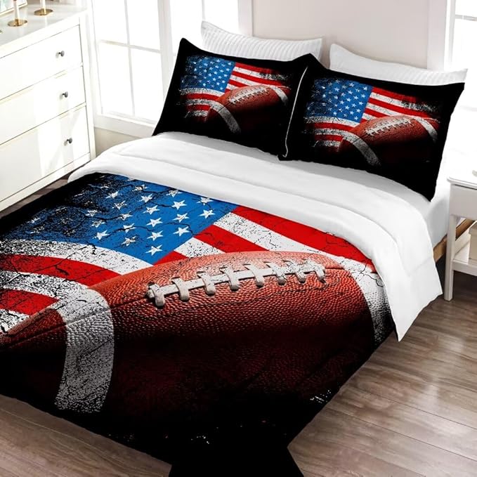American Football Comforter Set for Boys Teens,Kids Sports Bedding Set Queen Size,USA Flag Football Printed Bedroom Sets with 2 Matching Pillow Shams