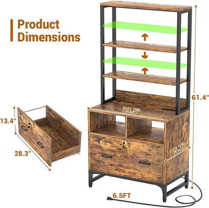 Homieasy File Cabinet with Charging Station, Vertical Filing Cabinet with Lock & Large Drawer, Printer Stand with Storage Shelves, Office Storage Cabinet fits Letter/A4/Legal Size,Rustic Brown