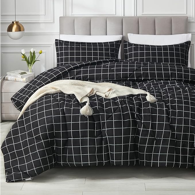 Andency Black Grid Comforter Set King Size (104x90 Inch), 3 Pieces(1 Grid Comforter and 2 Pillowcases), Summer Lightweight Microfiber Down Alternative Black Comforter with White Lines