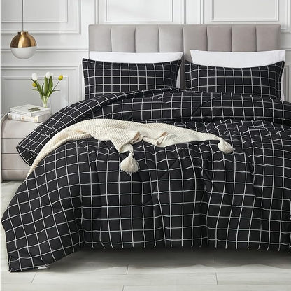 Andency Black Grid Comforter Set King Size (104x90 Inch), 3 Pieces(1 Grid Comforter and 2 Pillowcases), Summer Lightweight Microfiber Down Alternative Black Comforter with White Lines
