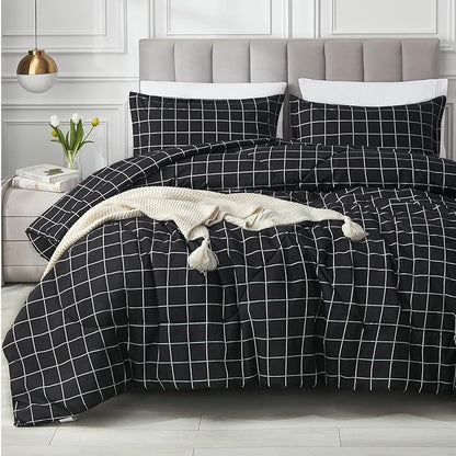 Andency Black Grid Comforter Set Queen Size (90x90 Inch), 3 Pieces(1 Grid Comforter and 2 Pillowcases), Summer Lightweight Microfiber Down Alternative Black Comforter with White Lines
