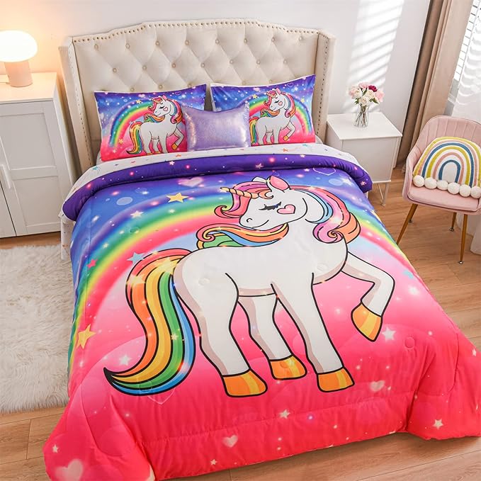 Aimuan Girls Unicorn Comforter Set 6 Pieces Pink Purple Bedding Set with Rainbow Star Galaxy Stars Fantasy Children Room Decor Soft Reversible Bed Sets for Boys/Girls/Teens (Pink-purple Full6Pcs)