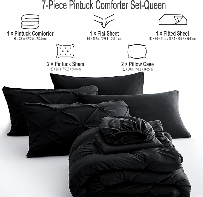Ubauba 7pc Black Queen Comforter Set with Sheets, 7 Piece Pintuck Bed in a Bag, Queen Size Bed Set for All Seasons, Pinched Pleat Bedding Sets (Black,Queen)