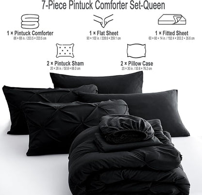 Ubauba 7pc Black Queen Comforter Set with Sheets, 7 Piece Pintuck Bed in a Bag, Queen Size Bed Set for All Seasons, Pinched Pleat Bedding Sets (Black,Queen)