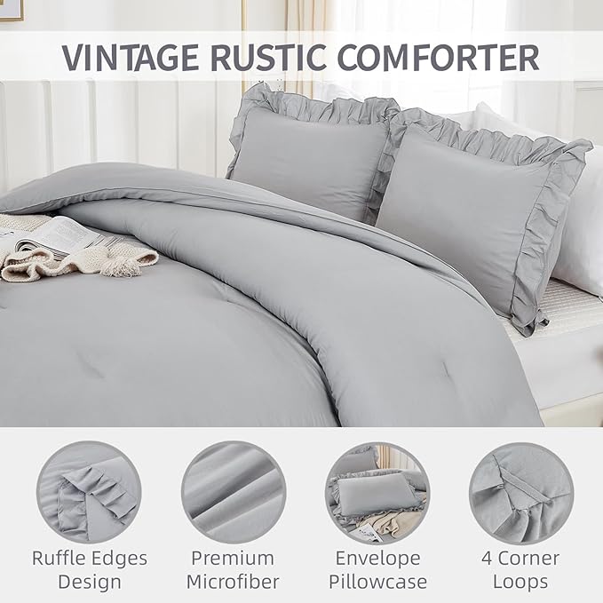 Andency Silver Gray Comforter Set Queen Size, 3 Pieces Shabby Chic Ruffle Bedding Comforter Sets for Queen Bed, Lightweight Fluffy Soft Microfiber Farmhouse Comforter Set