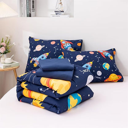 Aimuan Space Comforter Twin Set Kids Rocket Bedding Set Super Soft & Cute Aliens UFO Printed for Boys Girls Teen (Navy, Twin 5Pcs)