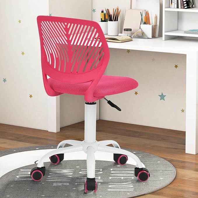 Desk Chair Armless Small Study Chairs Armless for Child Kids Teens, Ergonomic Swivel Rolling Lightweight Task Chair with Wheels and Mesh Padded Cushion, Pink