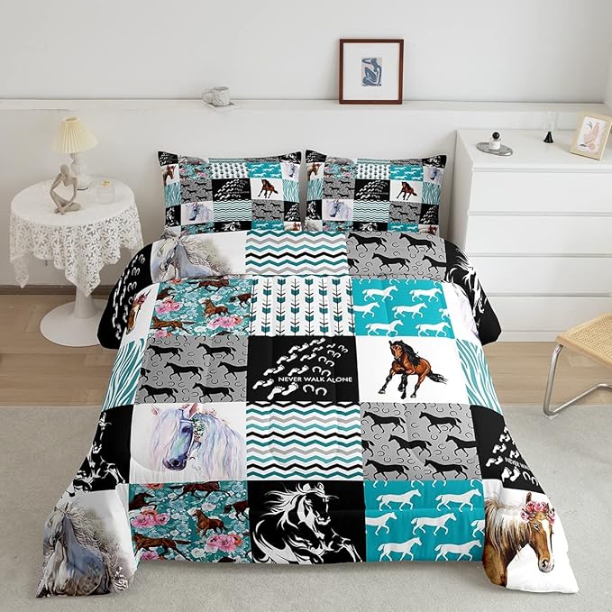 Horse Bedding,Western Farmhouse Horse Comforter Set For Girls Twin Bed,Boho Arrow Teal Zebra Stripe Comforter For Kids Boys Women,Rose Flower Rustic Cowboy Quilt Duvet sets 1 Pillowcases Black White