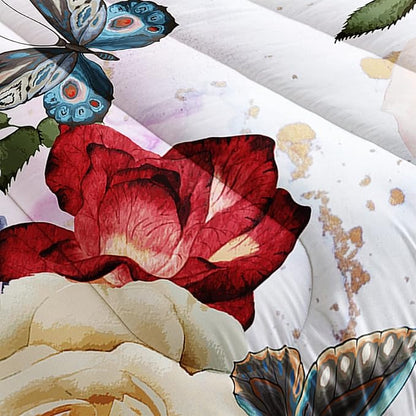 Butterfly Comforter Set for Girls Kids Adults Watercolor Butterfly Rose Bedding Set Aesthetics Butterflies Quilt Duvet Set Queen Size with 1 Comforter and 2 Pillowcases